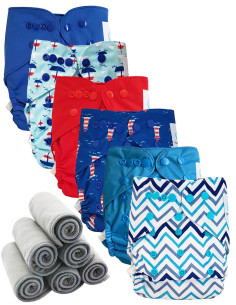 Lot 6 couches lavables tout en deux Te2 à doubles goussets + 6 inserts en bambou