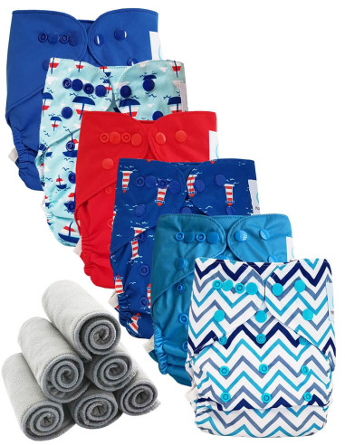 Lot 6 couches lavables tout en deux Te2 à doubles goussets + 6 inserts en bambou