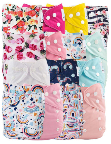 Lot de 15 couches lavables évolutives unies + 15 inserts ultra absorbants