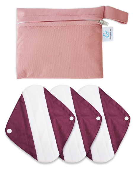 Lot de 3 Serviettes hygiéniques lavables en bambou charcoal et leur pochette imperméable assortie