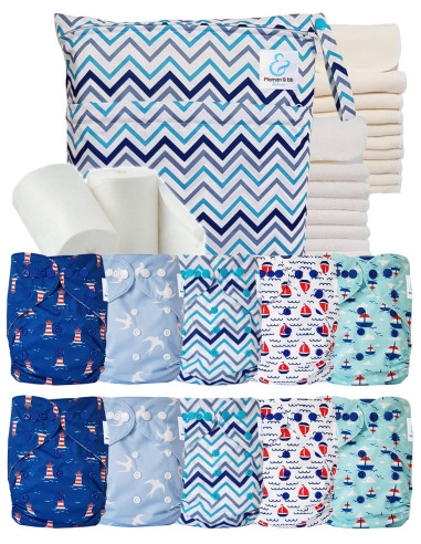 Pack complet 10 couches lavables inserts sac imperméable et voiles de protection