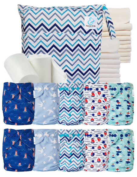 Pack complet 10 couches lavables inserts sac imperméable et voiles de protection