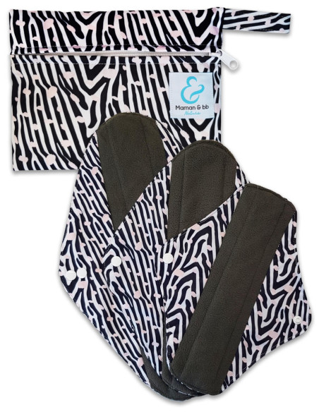 Lot de 3 serviettes hygiéniques lavables en bambou et leur pochette de transport imperméable