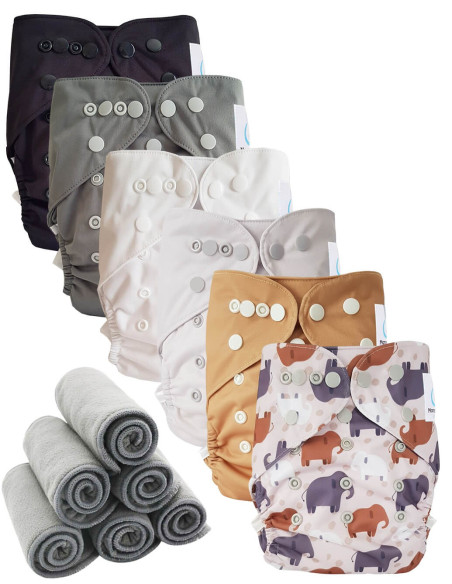 Lot 6 couches lavables tout en deux Te2 à doubles goussets + 6 inserts en bambou