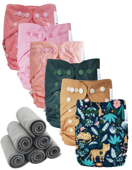 Lot 6 couches lavables tout en deux Te2 à doubles goussets + 6 inserts en bambou