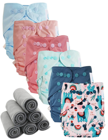 Lot 6 couches lavables tout en deux Te2 à doubles goussets + 6 inserts en bambou