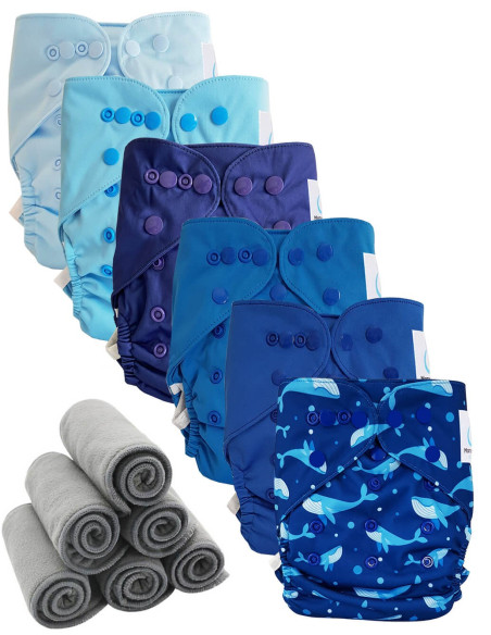 Lot 6 couches lavables tout en deux Te2 à doubles goussets + 6 inserts en bambou