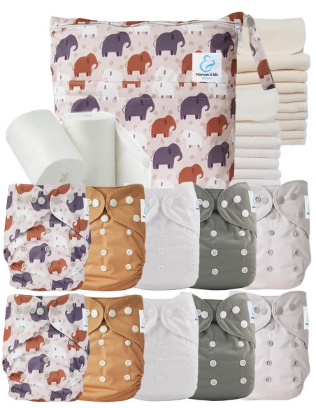 Pack complet premium composé de 10 couches lavables, d'inserts, d'un sac imperméable et de voiles de protection