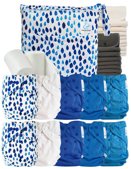 Pack complet couches lavables TE2 + 10 inserts bambou + 10 inserts charcoal + sac imperméable + voiles de protection