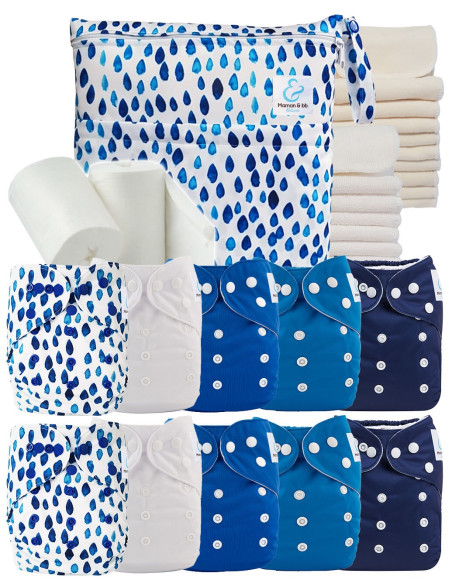 Pack complet premium composé de 10 couches lavables, d'inserts, d'un sac imperméable et de voiles de protection