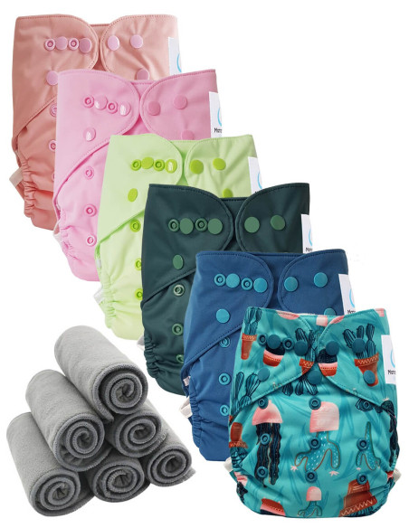 Lot 6 couches lavables tout en deux Te2 à doubles goussets + 6 inserts en bambou