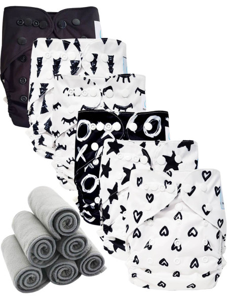 Lot 6 couches lavables tout en deux Te2 à doubles goussets + 6 inserts en bambou