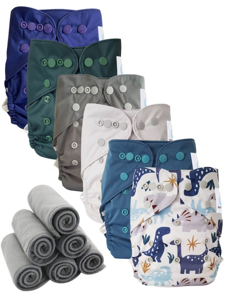 Lot 6 couches lavables tout en deux Te2 à doubles goussets + 6 inserts en bambou