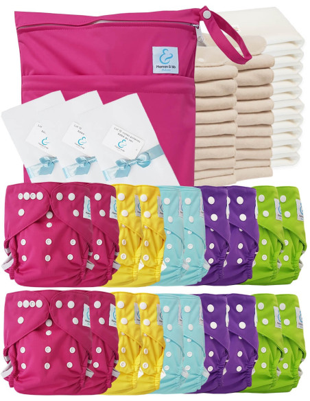 Pack complet couches lavables TE2 certifiées Oeko Tex® + 20 inserts en coton + 10 inserts bambou + sac + voiles de protection