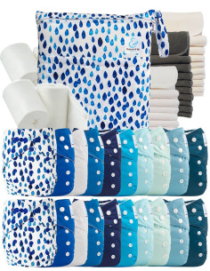 Mega pack 20 couches lavables TE1 + inserts + voiles de protection et son sac imperméable