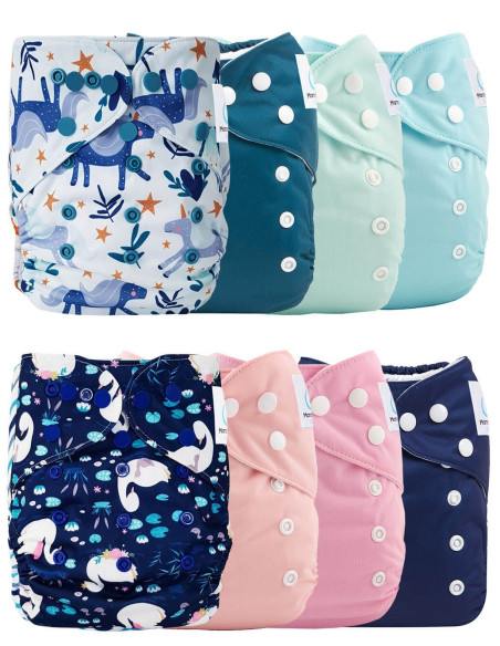 Lot de 8 couches lavables évolutives tons roses + 8 inserts microfibre