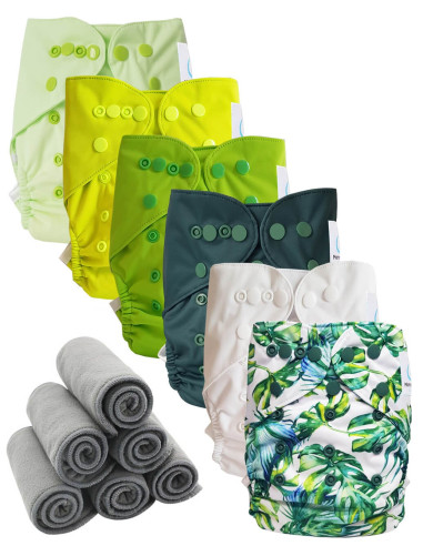 Lot 6 couches lavables tout en deux Te2 à doubles goussets + 6 inserts en bambou