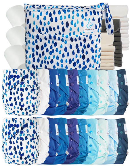 Mega pack couches lavables TE2 + 10 inserts bambou + 10 inserts microfibre + sac imperméable + voiles de protection