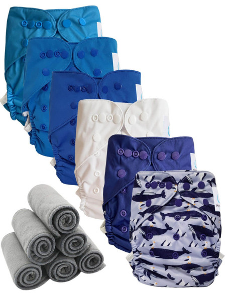 Lot 6 couches lavables tout en deux Te2 à doubles goussets + 6 inserts en bambou