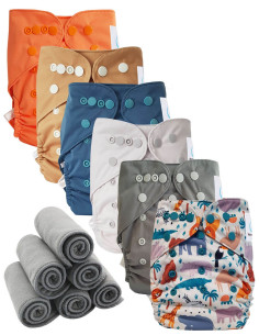 Lot 6 couches lavables tout en deux Te2 à doubles goussets + 6 inserts en bambou