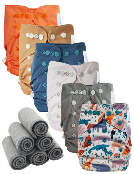 Lot 6 couches lavables tout en deux Te2 à doubles goussets + 6 inserts en bambou