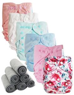 Lot 6 couches lavables tout en deux Te2 à doubles goussets + 6 inserts en bambou