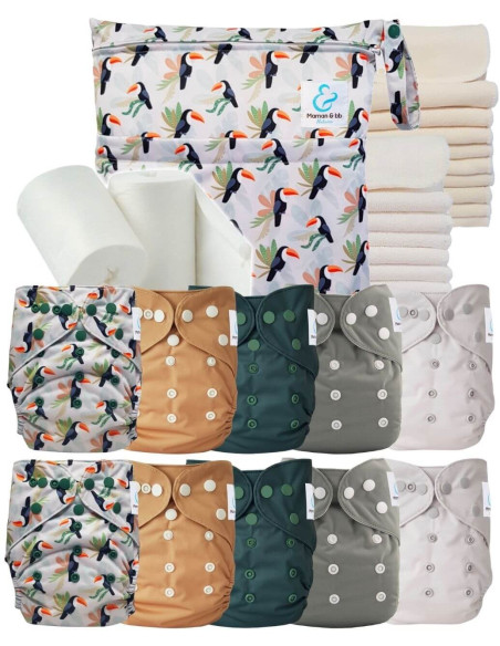 Pack complet premium composé de 10 couches lavables, d'inserts, d'un sac imperméable et de voiles de protection