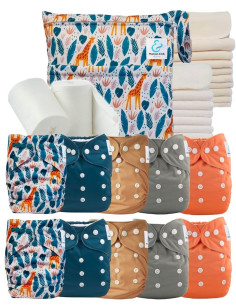 Pack complet premium composé de 10 couches lavables, d'inserts, d'un sac imperméable et de voiles de protection