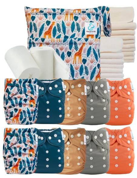 Pack complet premium composé de 10 couches lavables, d'inserts, d'un sac imperméable et de voiles de protection