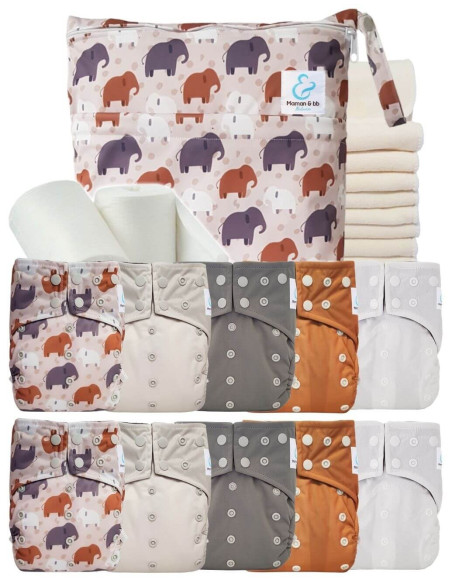 Pack complet 10 couches lavables intégrales + inserts bambou sac imperméable et voiles de protection