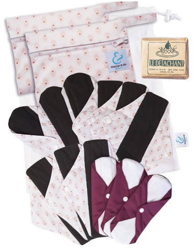 Large set of 12 washable sanitary towels + laundry net + two waterproof pockets + stain remover
