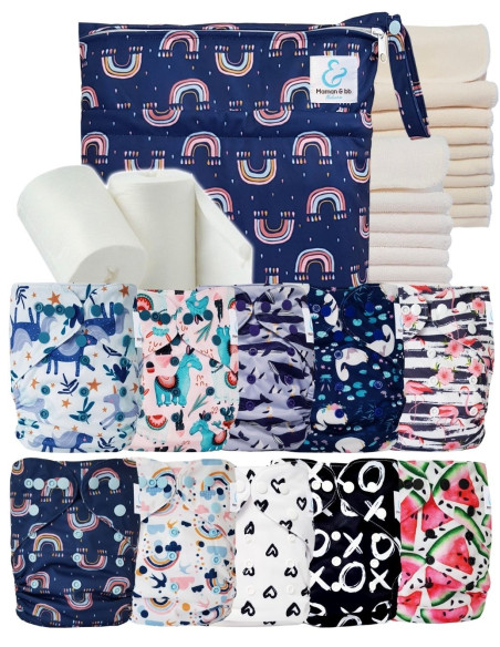 Pack complet tons bleus 10 couches lavables inserts sac imperméable