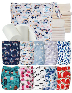 Pack complete blue tones 10 washable diapers inserts waterproof bag