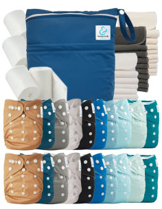 Mega pack 20 couches lavables TE1 + inserts + voiles de protection et son sac imperméable