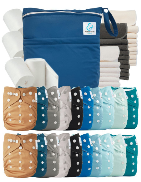 Mega pack 20 couches lavables TE1 + inserts + voiles de protection et son sac imperméable