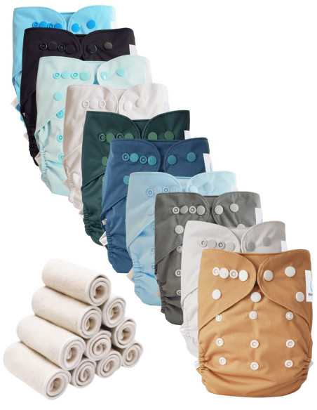 Lot 10 couches lavables tout en deux Te2 à doubles goussets + 10 inserts en bambou