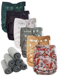 Lot 6 couches lavables tout en deux Te2 à doubles goussets + 6 inserts en bambou