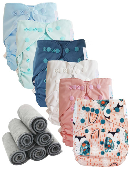 Lot 6 couches lavables tout en deux Te2 à doubles goussets + 6 inserts en bambou