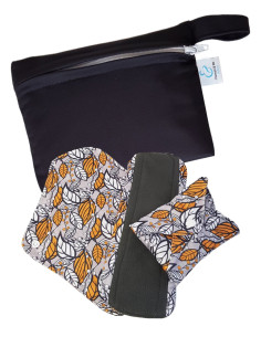 Lot de 3 Serviettes hygiéniques lavables en bambou charcoal et leur pochette imperméable assortie