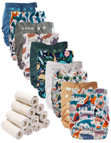 Lot 10 couches lavables tout en deux Te2 à doubles goussets + 10 inserts en bambou