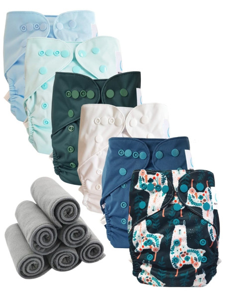 Lot 6 couches lavables tout en deux Te2 à doubles goussets + 6 inserts en bambou