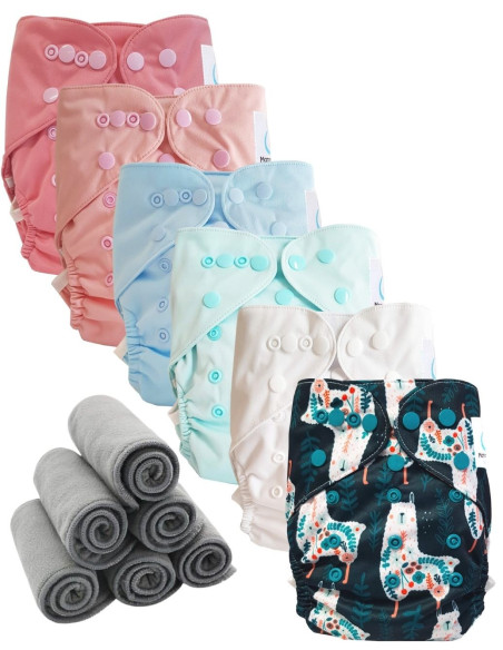 Lot 6 couches lavables tout en deux Te2 à doubles goussets + 6 inserts en bambou