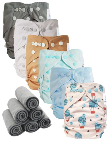 Lot 6 couches lavables tout en deux Te2 à doubles goussets + 6 inserts en bambou