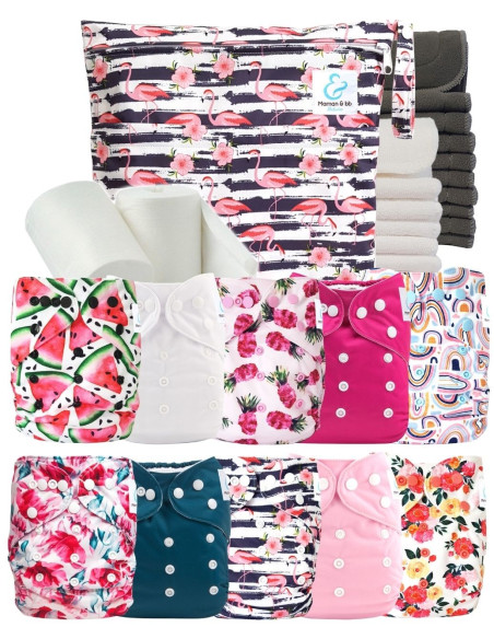 Pack complet couches lavables bambou inserts sac imperméable et voiles de protection