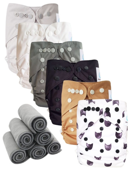 Lot 6 couches lavables tout en deux Te2 à doubles goussets + 6 inserts en bambou