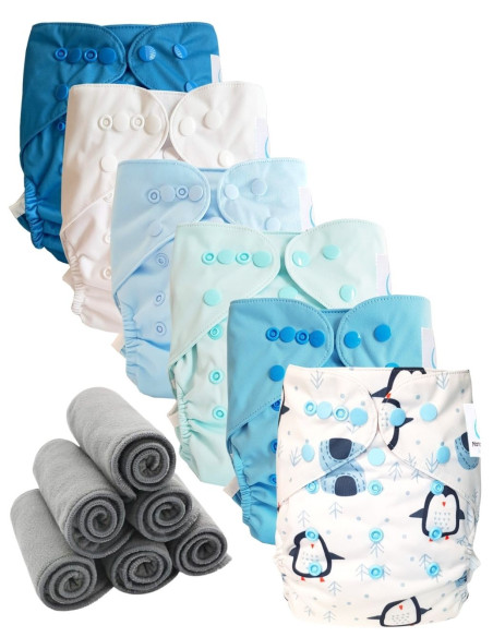 Lot 6 couches lavables tout en deux Te2 à doubles goussets + 6 inserts en bambou