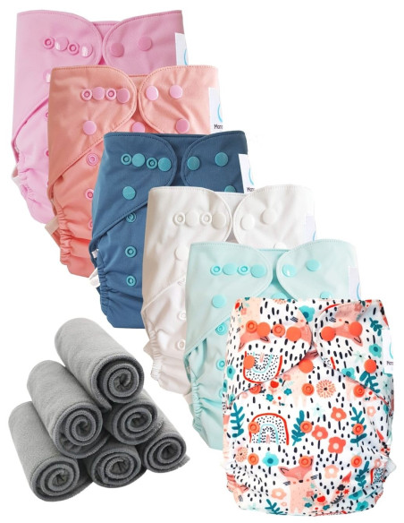 Lot 6 couches lavables tout en deux Te2 à doubles goussets + 6 inserts en bambou