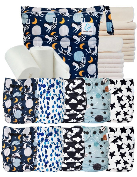 Pack complet tons bleus 10 couches lavables inserts sac imperméable