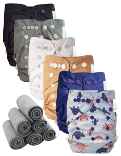 Lote 6 pañales Lavable los dos TE2 con vainas dobles + 6 inserciones de bambú