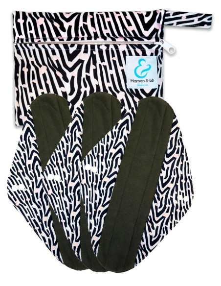 Zebra - Lot de 3 serviettes hygiéniques lavables + pochette - Nuit